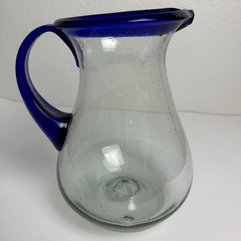 Vintage Hand Blown Cobalt Blue Rim Handle Glass Pitcher